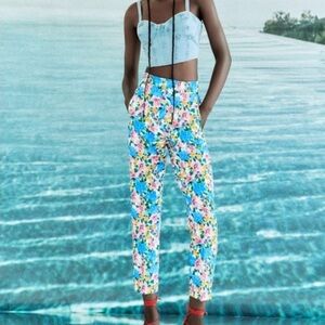 Zara White Floral pants with Blue, Pink & Green Print